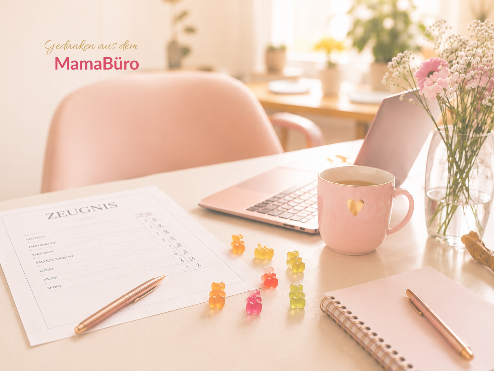 Schreibtisch im MamaBüro mit Zeugnis, Laptop und Kaffeetasse