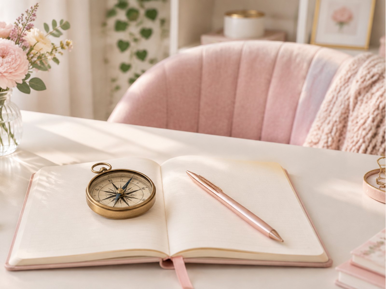 Bauchgefühl vertrauen: Schreibtisch mit aufgeschlagenem Notizbuch, Kompass, rosa Stift und Blumen