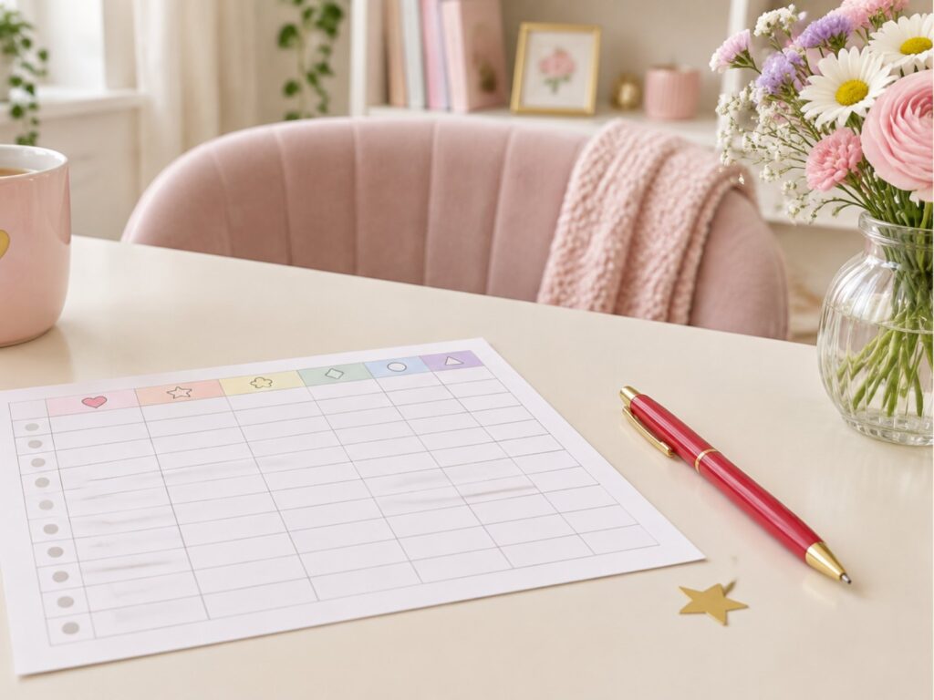 Druck als Mama: Schreibtisch mit bunter Punkteliste wie eine Anzeigetafel, rotem Stift, goldenem Stern und Blumen