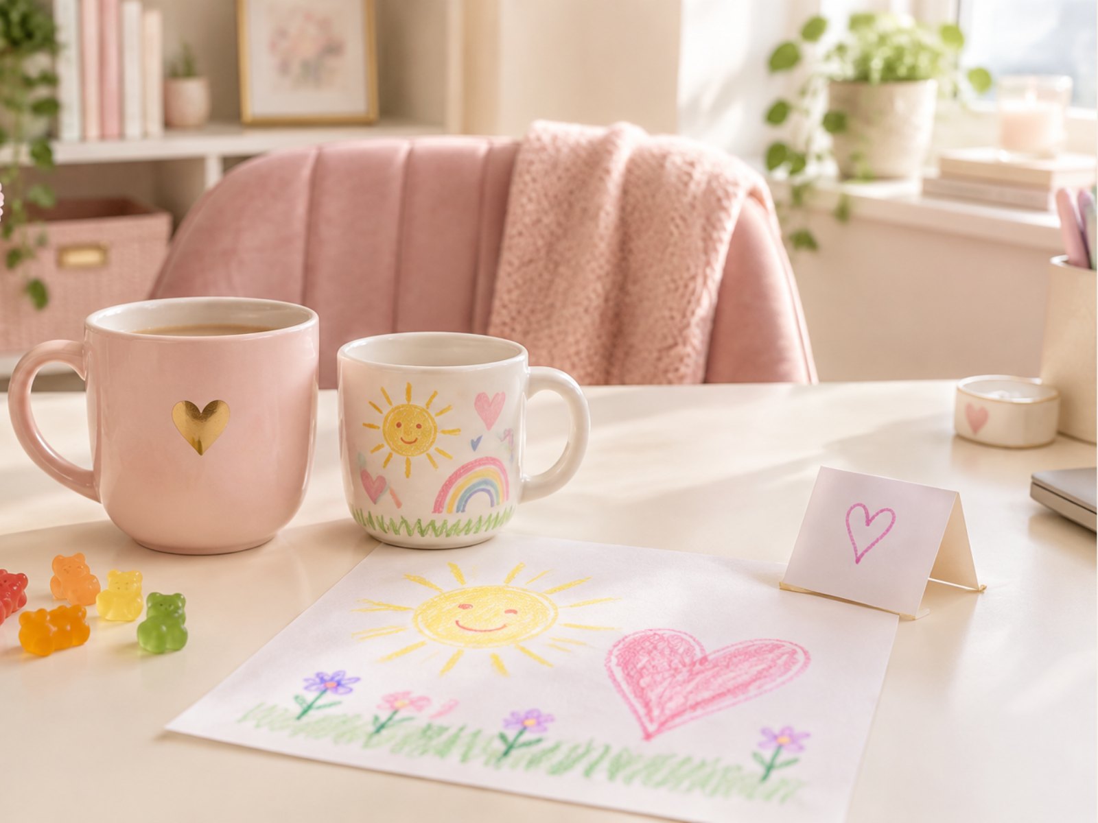 Kind angeschrien: Rosa Tasse und Kindertasse mit Sonne neben einer Kinderzeichnung mit Sonne und Herz