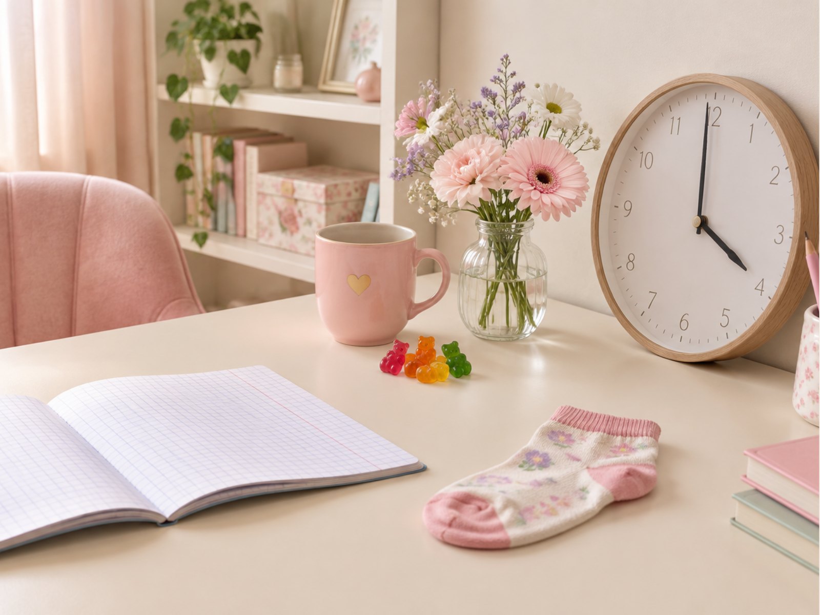 Mama explodiert: Schreibtisch mit rosa Tasse, Blumen, Gummibärchen, aufgeschlagenem Heft und einer Kindersocke
