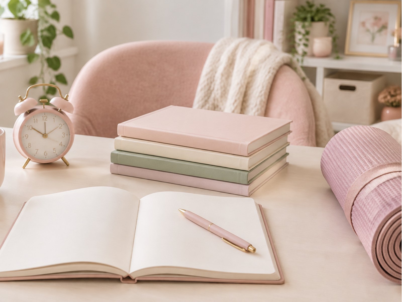 Mama überfordert: Schreibtisch mit rosa Wecker, Stapel Bücher, Yogamatte und leerem Notizbuch mit Stift