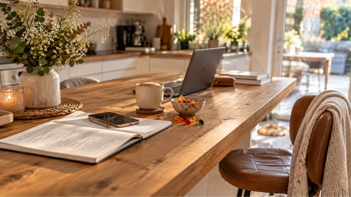 MamaBüro am Küchentisch: Laptop, Kaffee, aufgeschlagenes Buch und eine Schale Gummibärchen
