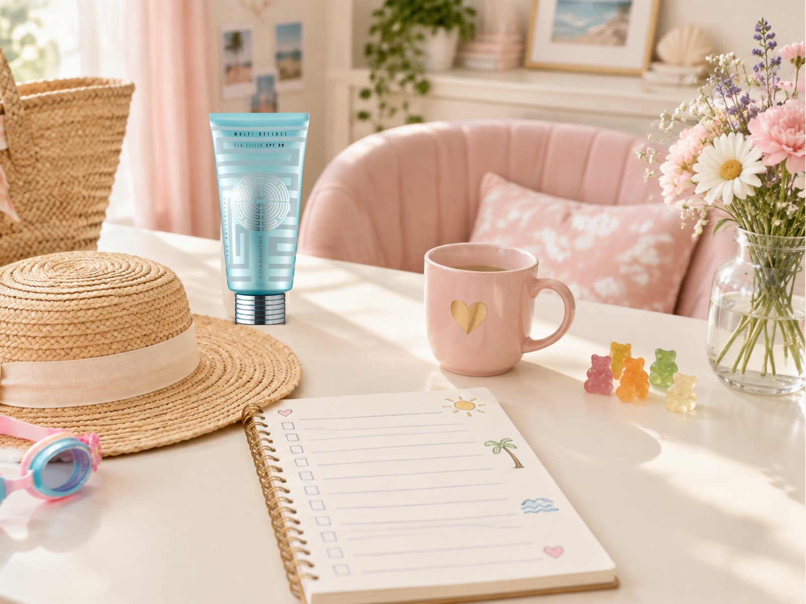 Mental Load: Schreibtisch mit Strohhut, Sonnencreme, Schwimmbrille, rosa Tasse und Ferien-Liste