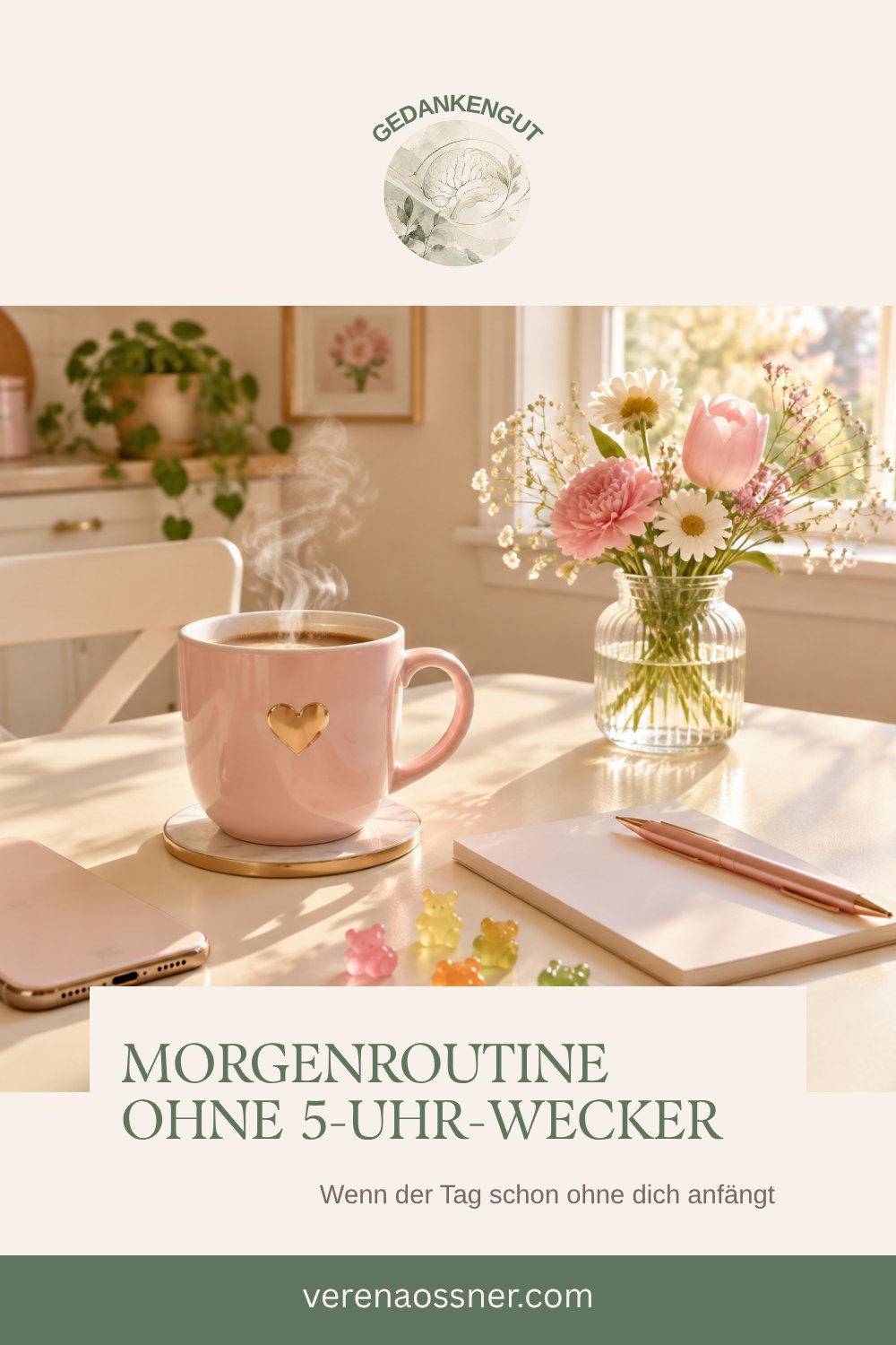Pinterest-Pin: Der Tag hat schon ohne dich angefangen: Morgenroutine für Mamas ohne 5-Uhr-Wecker
