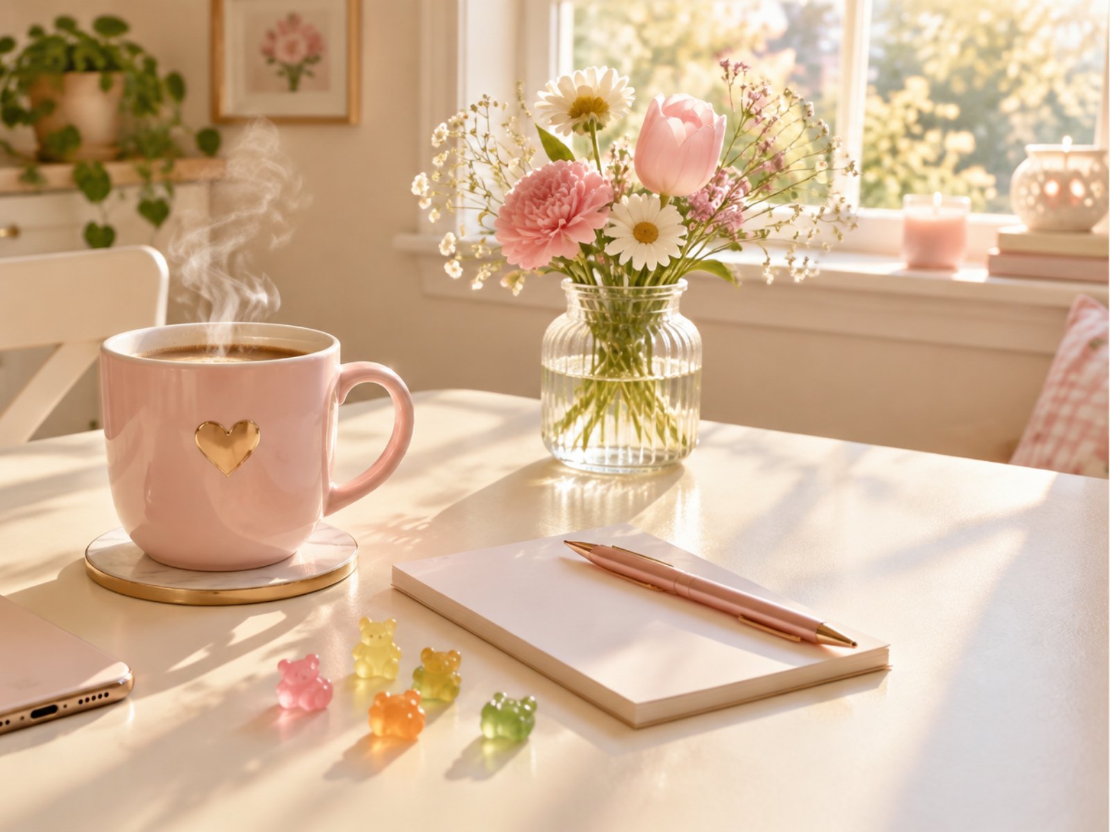 Morgenroutine für Mamas: Dampfende rosa Tasse am Morgen neben Notizblock, Stift und Blumen im Sonnenlicht