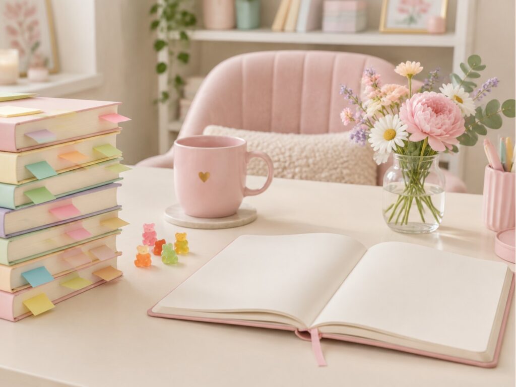 ungefragte Ratschläge: Stapel Ratgeber mit bunten Klebezetteln neben aufgeschlagenem Notizbuch, rosa Tasse und Gummibärchen